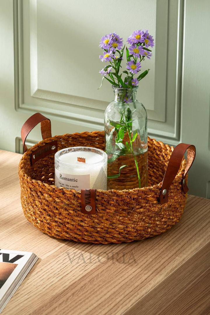 سبد حصیری دسته چرمی 24 سانت